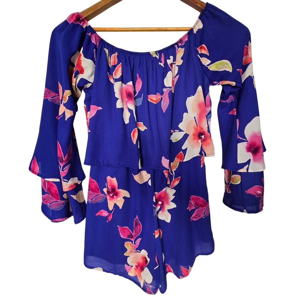 Peach Love Blue Colorful Floral Summer Spring Off The Shoulder Romper Size M